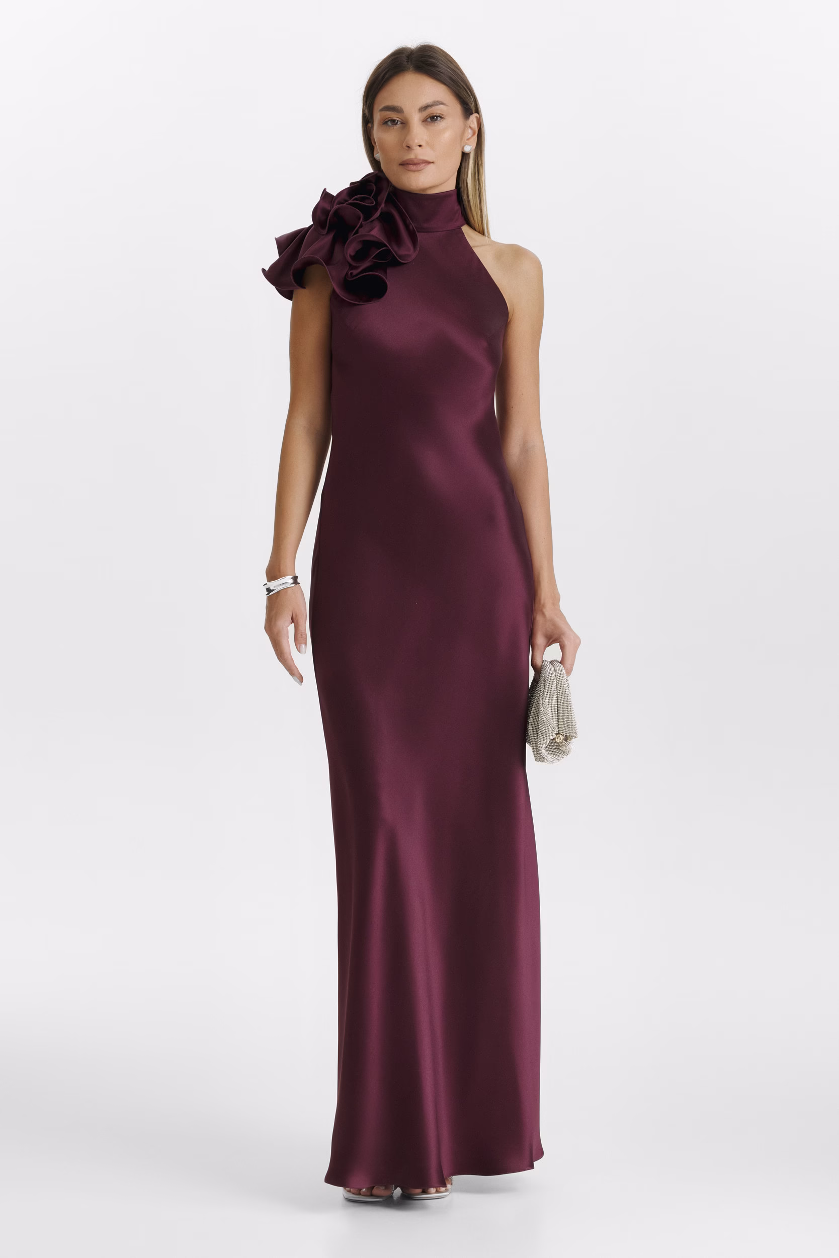 FIORA Floral-appliqué Halter Silk Dress